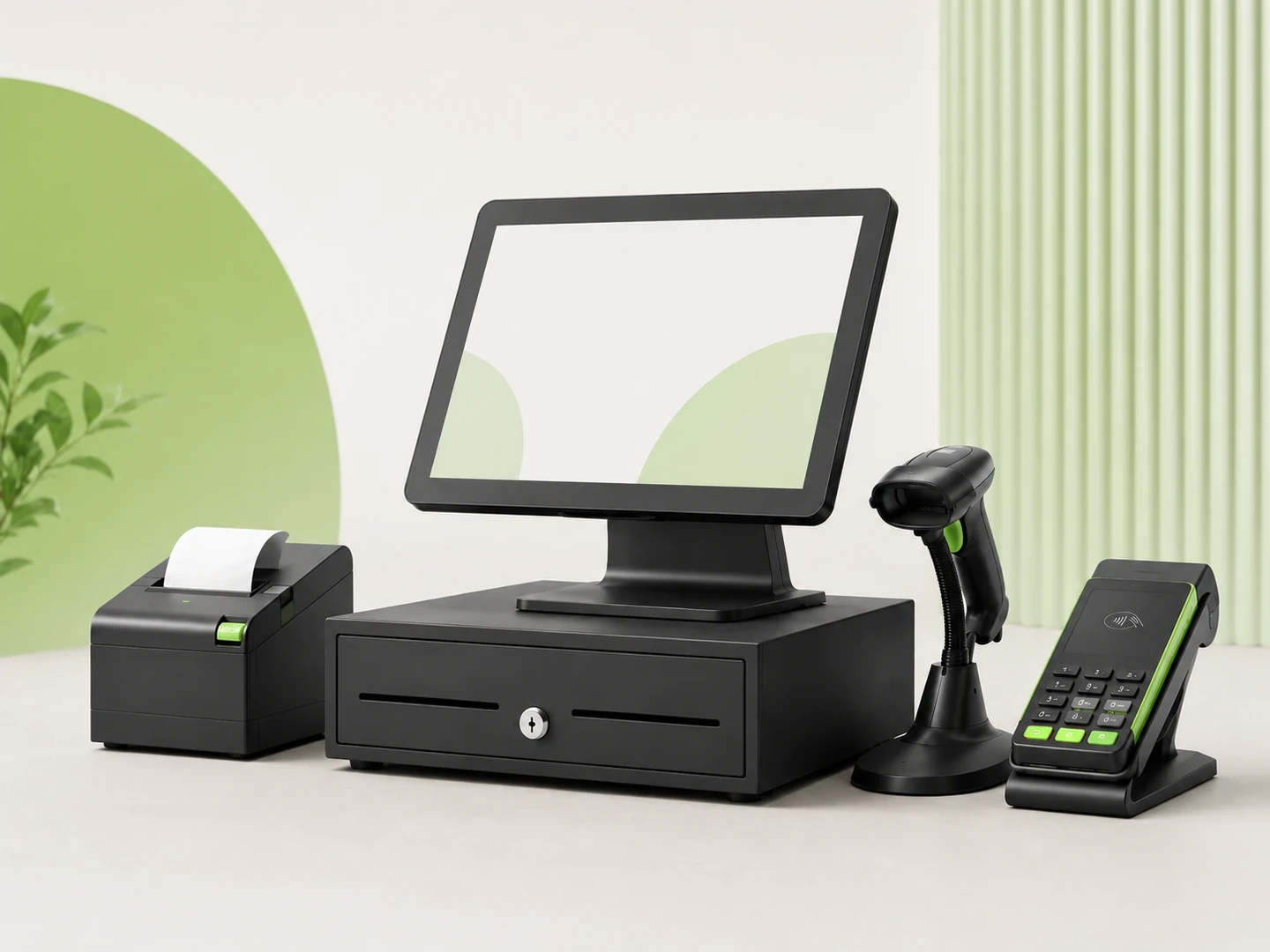 Technische POS-Darstellung mit Belegausgabe, Signaturkarte und Hardware